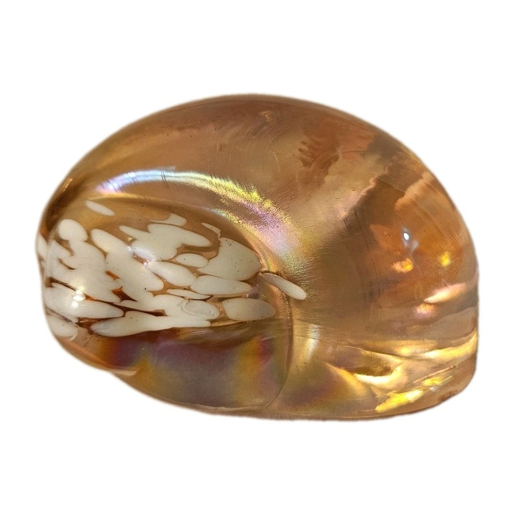 Iridescent Pink White Speckles Art Glass Snail Shell Paperweight 3"